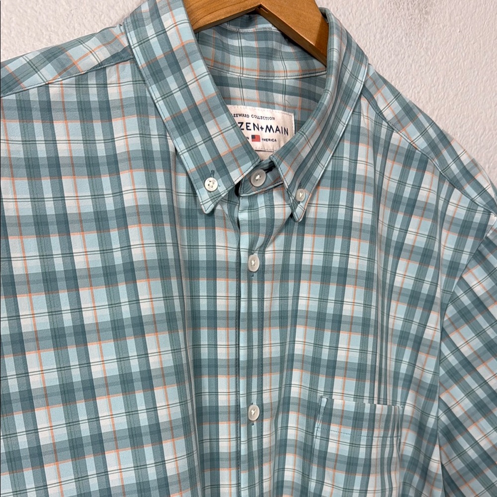 Mizzen+Main Teal, White & Orange Plaid Button-Down